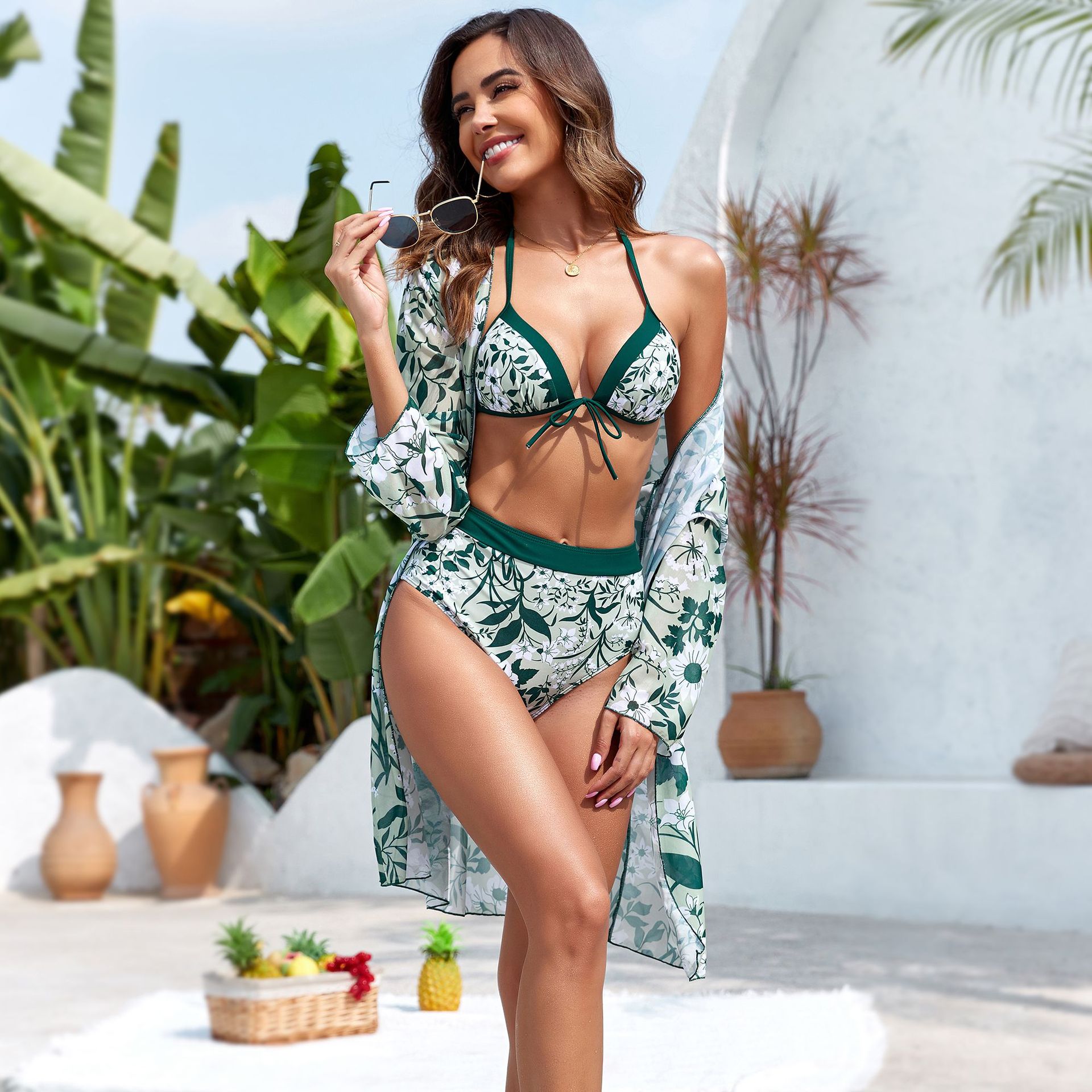 Floral Print Beachwear Sexy 3 Pieces Leaves Print Bikini Set